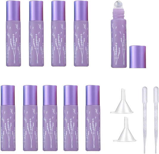 10 Pcs Purple Glass Essential Oil Roller Bottles, 10ml Refillable Roll-on Bottles with Stainless Steel Roller Balls for Essential Oils, Perfume, Lip Gloss, Lip Balms