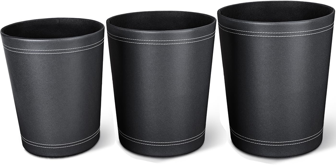 KINGFOM 3 Pack PU Leather Small Office Trash Can Wastebasket, Round Garbage Container Bin for Bathrooms, Powder Rooms, Kitchens, Home, Bedroom, High-Class Hotel, Black