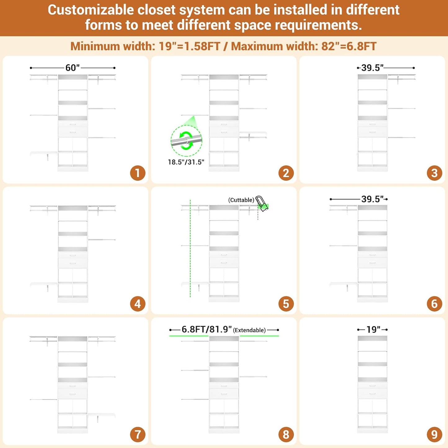 5FT Small Closet System, Baby Closet Organizer System with Wooden Drawers, 60 Inches Walk In Closet System With 5 Hanging Rods and 3 Reversible Hanging Shelving, White