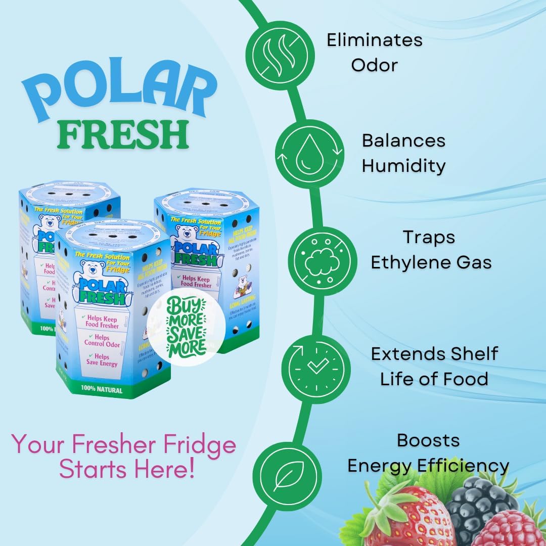 All-in-1 Refrigerator Deodorizer & Produce Saver by Polar Fresh 3 Pack – Fridge Odor Eliminator, Ethylene Gas Absorber, Fridge Moisture Absorber & Efficiency Booster; Surpasses Baking Soda & Charcoal