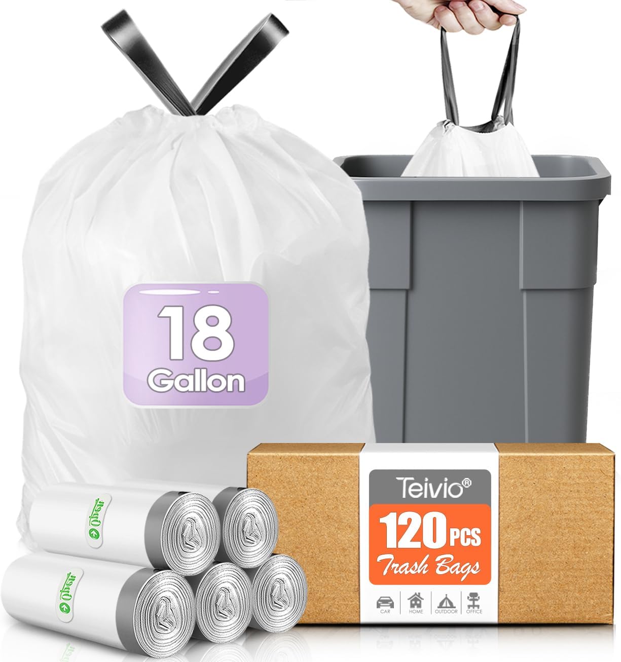 Drawstring Trash Bags-18 Gallon 120 Counts (fit 16-18 Gal) Large Strong Tall Kitchen Trash Bags by Teivio Garbage Bags for Home/Office/Light Residential Waste/Outdoor Trash Can, Lawn Bag White