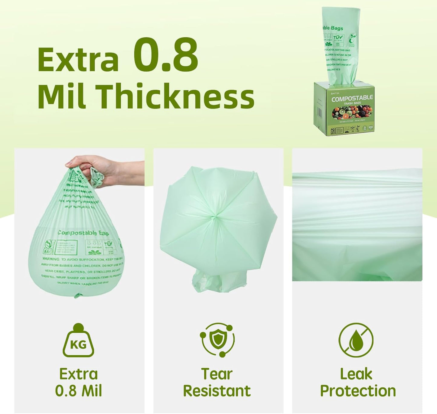 Compostable Trash Bags 3 Gallon, Extra Thick 0.8 Mils, 100 Count, ASTM D6400, BPI, OK Compost Home Certified, Small Kitchen Compost Bags,Green Bin Liners for Food Waste and Composting