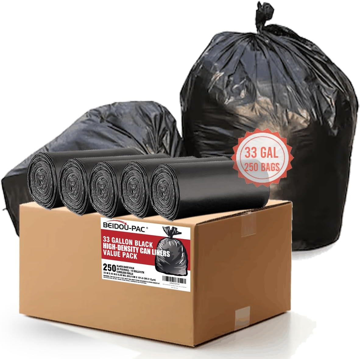 33 Gallon Trash Bags, 250 Count Bulk, Black Garbage bags, Multi-purpose Trash Can Bin Liners for Home Commercial, Outdoor, Construction, Industrial, Janitorial, Municipal, Lawn, Leaf