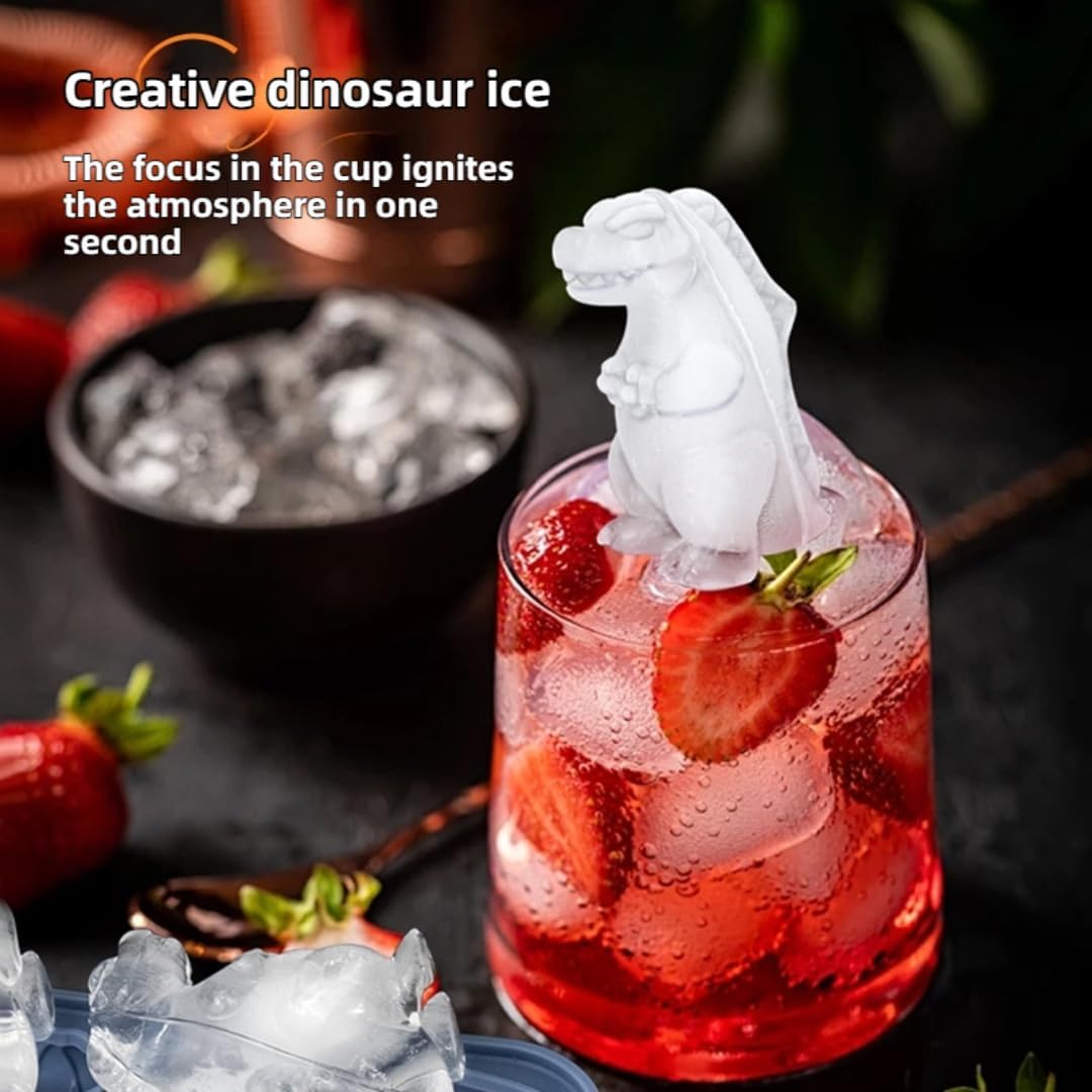 7.48inch Newly Upgraded 4-grid 3D Dinosaur Ice Tray and Covered Silicone Ice Tray, Suitable for Bars, Outdoor and Home Use (1, grey)