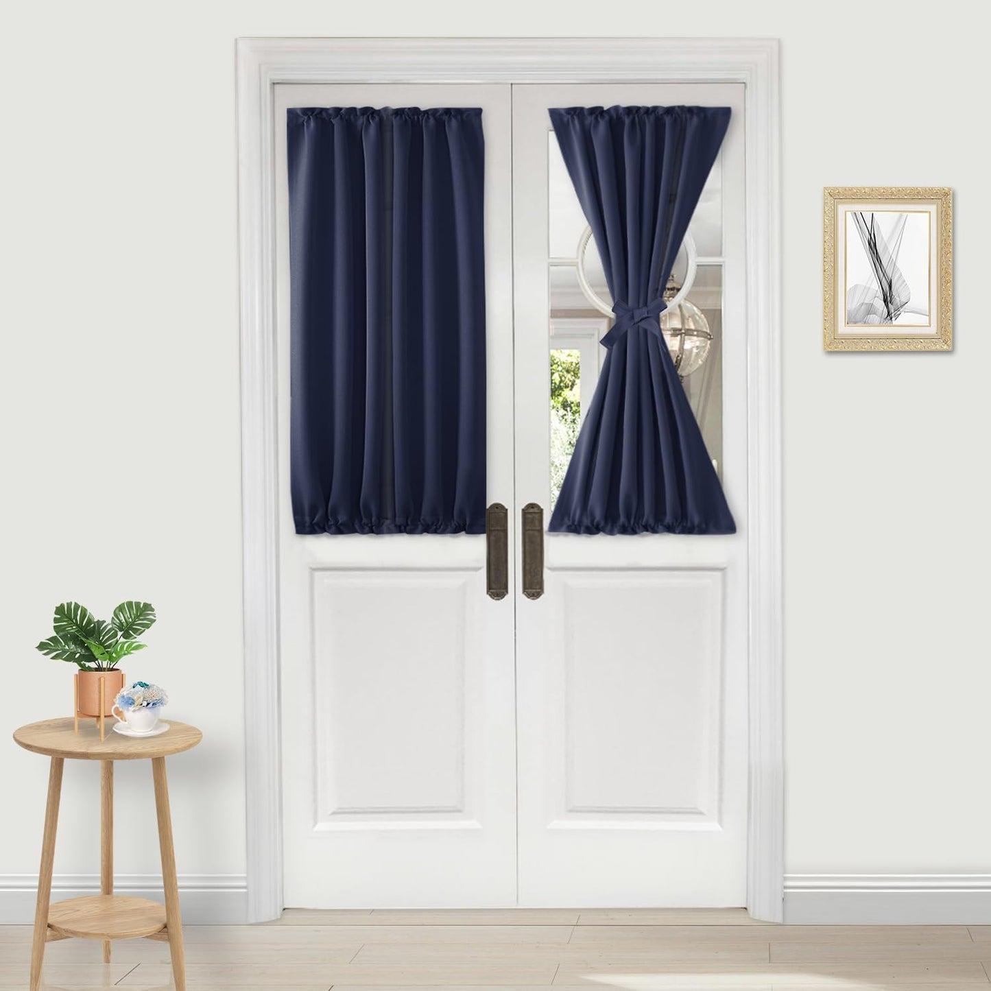 DWCN French Door Curtains – Rod Pocket Thermal Blackout Curtain for Doors with Glass Window, Kitchen and Patio Doors for Privacy, 25 X 40 Inch Length, 1 Curtain Panel with Tieback, Navy Blue