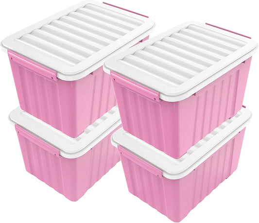 Nazhura Plastic Storage Bin, Stackable and Nestable Storage Boxes with White Lids and Secure Latching Buckles, Large Storage Container (Pink/White, 72Quart-4Pack)
