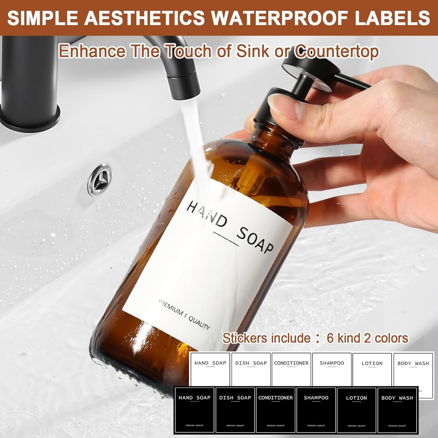 Amber Glass Soap Dispenser 2 Pack, Hand Soap Dispenser Bathroom with Stainless Steel Pump, 16.9 Fl oz Hand and Dish Soap Dispensers Set Kitchen, Modern Brown Soap Lotion Dispensers Bottle