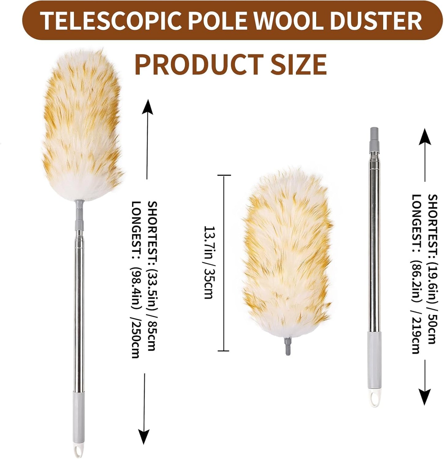 Lambswool Duster for Cleaning with Non-Slip Handle 98.4" Removable Retractable Feather Duster for Cleaning Ceiling Fans Window Blinds Interior Roof Furniture(1PCS)