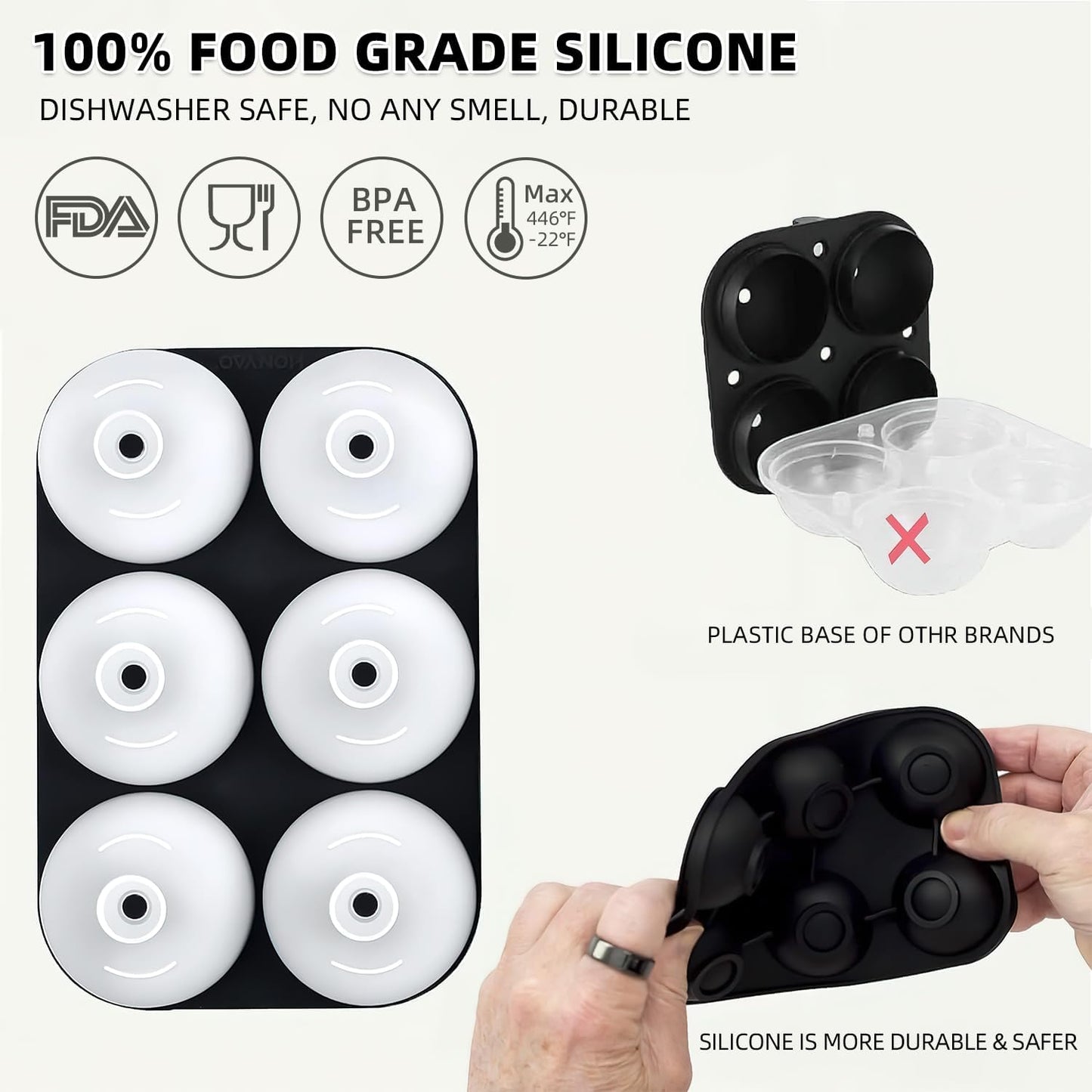 HONYAO Whiskey Cocktail Ice Mold, Easy Fill and Release Silicone Round Ice Ball Maker Mold Large Square Ice Cube Tray with Lid - 6 Ice Balls + 6 Ice Cubes Black