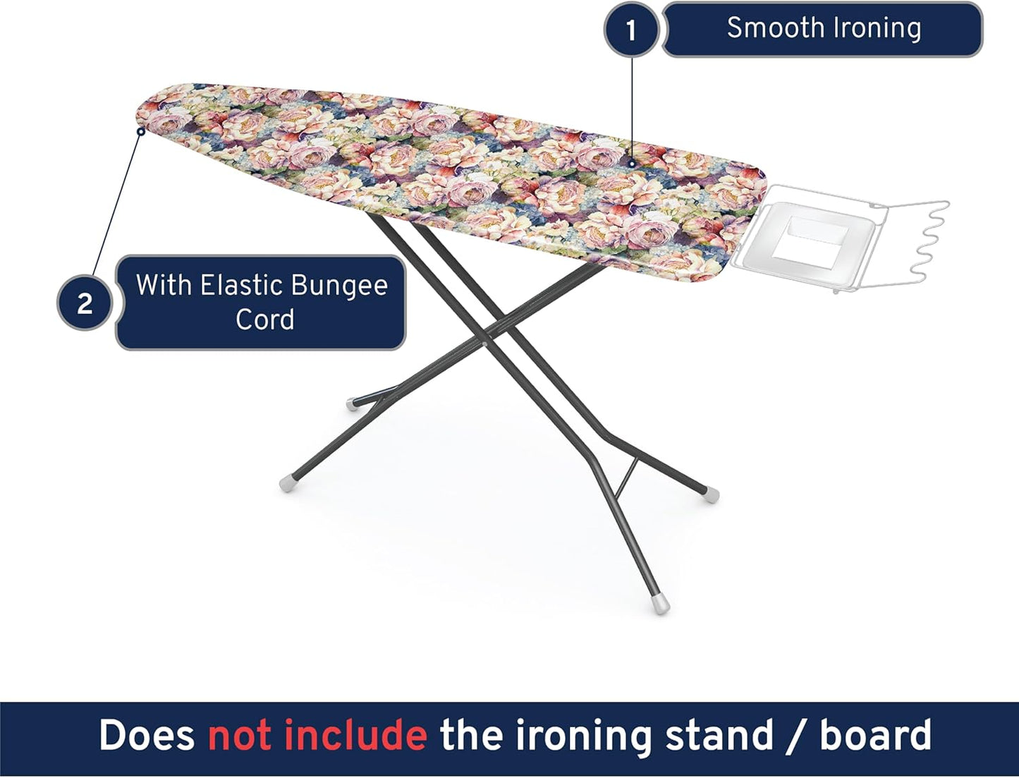 Encasa XO Ironing Board Cover and Pad 49"x18" - Free Silicone Iron Rest & Mesh Cloth - 4mm Felt, Wide Iron Board Cover with Padding - Heat Resistant, Non Slip Drawstring Wildflowers