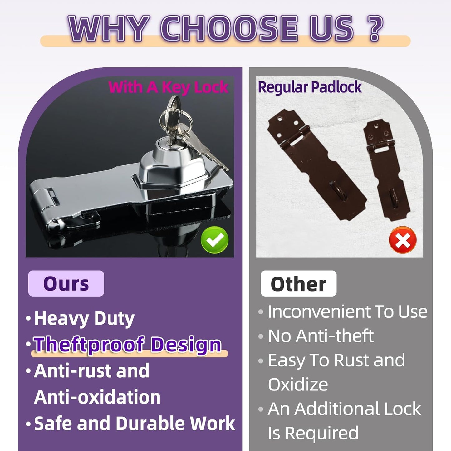 Alise Keyed Hasp Lock,4 Inch Safety Packlock Clasp Hasp Lock Latch with Lock,Door Hinge Lock with Keys Keyed Locking Hasp for Cabinets Closets Doors,Chrome