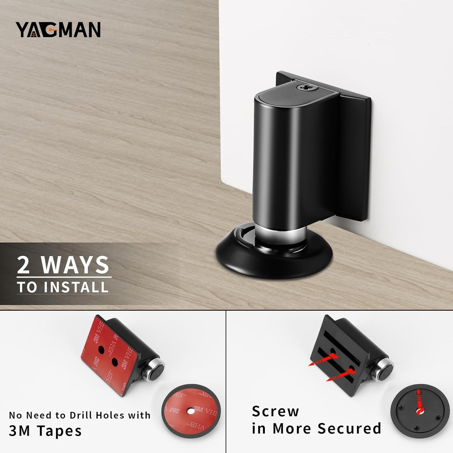 2 Pack Magnetic Door Stoppers Retractable Bottom of Door Holder No Drilling Mount Heavy Duty Floor Door Stop with Screws and Adhesive Catch Door Keep Door Open Matte Black MB-2