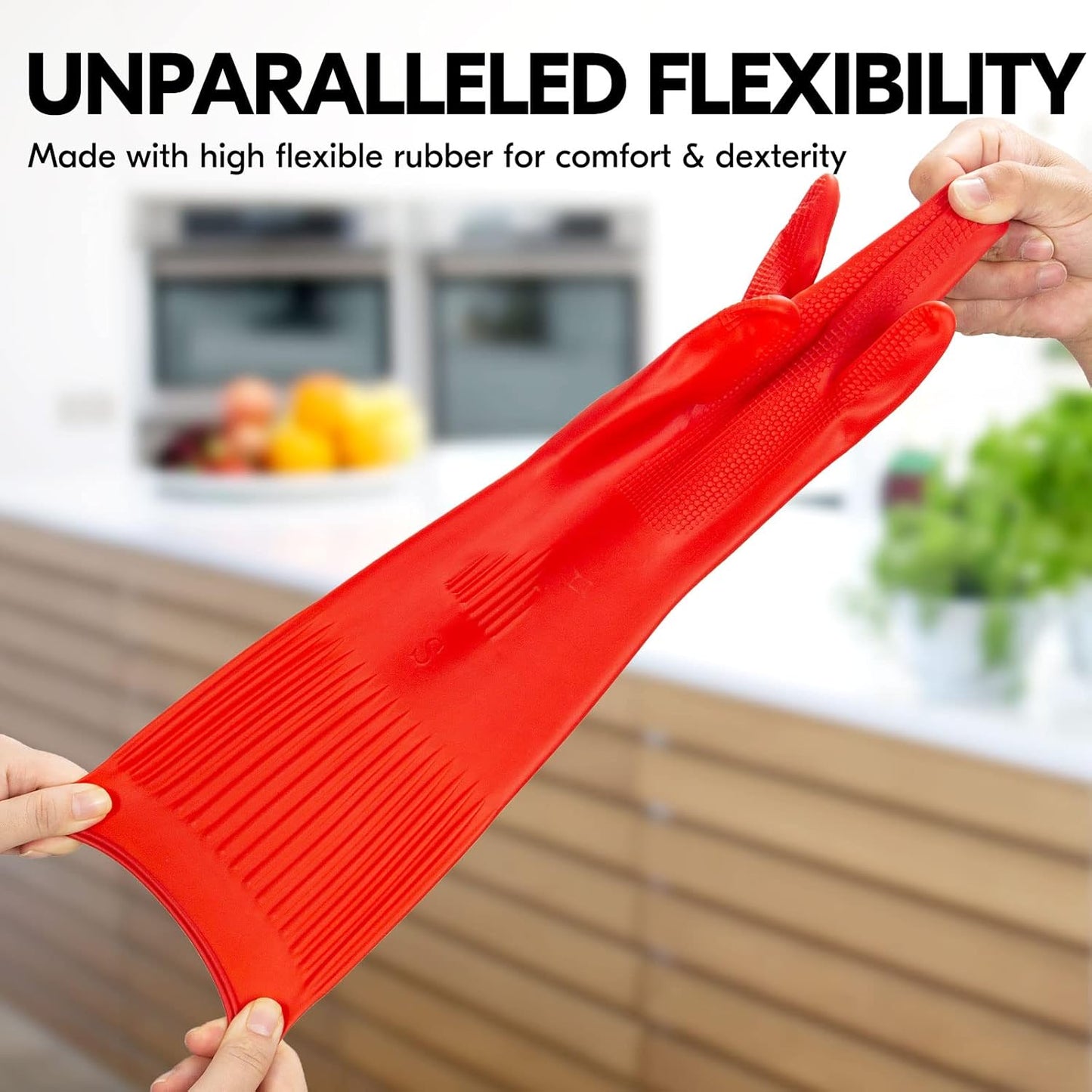 Vgo... 1-Pair Dishwashing Gloves, Reusable Household Gloves, Kitchen Gloves, Long Sleeve, Thick Latex, Cleaning, Washing, Working, Painting, Gardening, Pet Care (Size M,Red, RB2143)