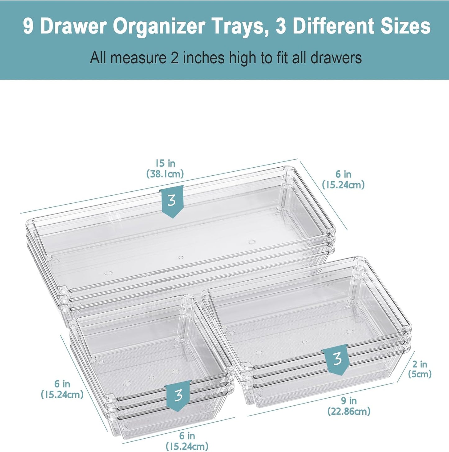 9 Pack Large Clear Plastic Drawer Organizer Trays, Desk Drawer Organizers and Storage Dividers, Non-Slip Storage Bins for Jewelry, Snacks, Office, Bathroom, Bedroom and Kitchen