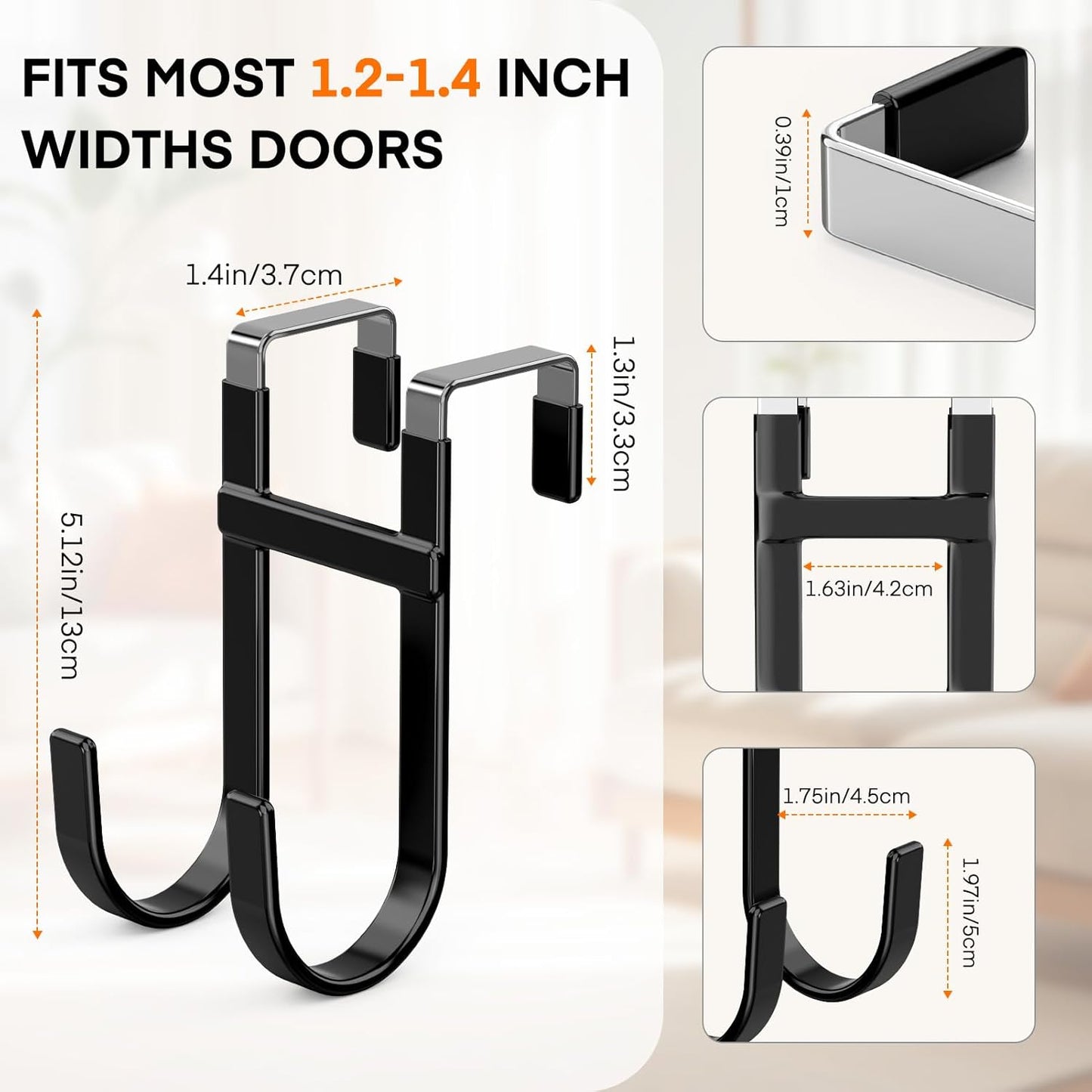FYY Over The Door Hooks - 2 Pack Heavy Duty Dual-Hook Organizer Hanger with Non-Slip Rubber for Towels, Clothes, Hats & Bags Use in Bathroom, Bedroom, Kitchen - Fits Interior Doors Up to 1 3/8" Black