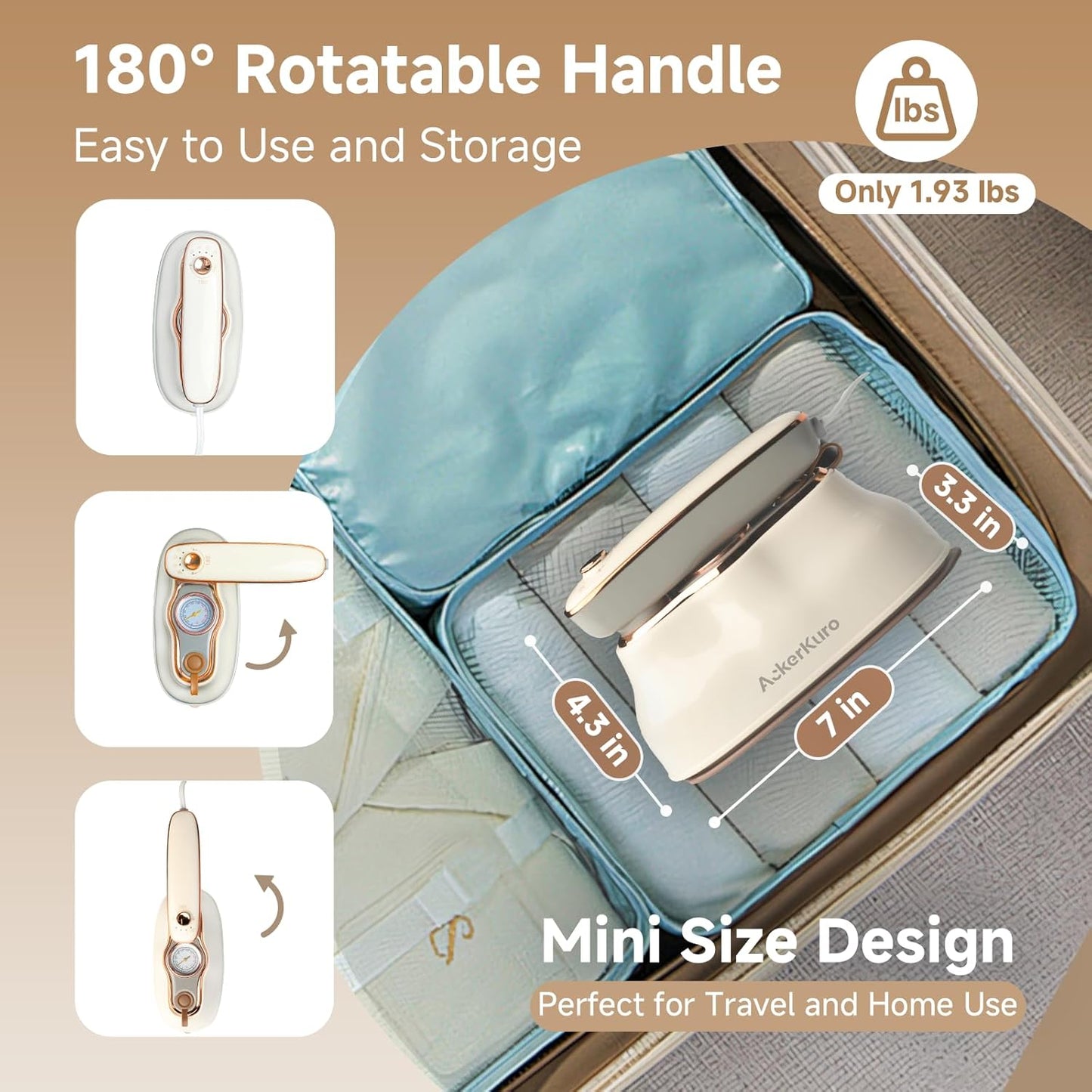 Travel Steamer for Clothes,1200W Portable Handheld Mini Garment Steamers,Steamer ＆ Iron 2 In 1,Large Ceramic Heat Panel,200ml Water Tank,20s Heat Up,Beige,110V-120V