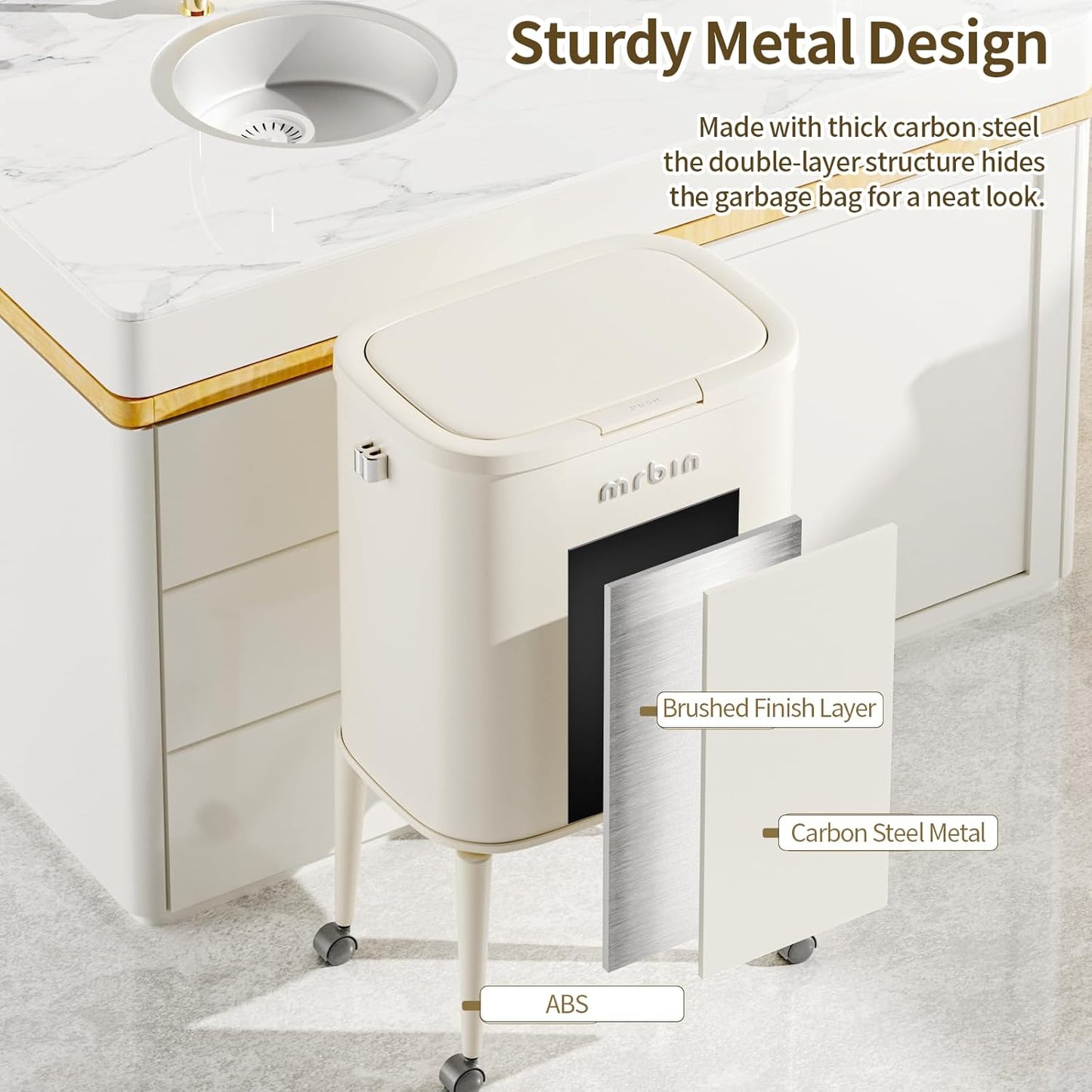 MRBIN Metal Kitchen Trash Can with Wheel Legs, 36L / 9.5gal Medium Press Lid Slim Waste Basket, Pet Proof Tall Narrow Garbage Pail for Vanity, Bedroom, Bathroom, Living Room, Sunflower