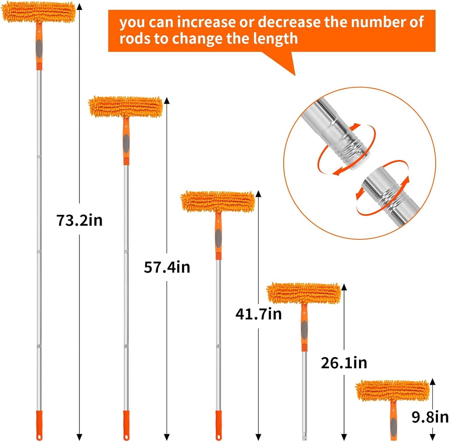 Professional 72'' Window Squeegee Cleaning Washing Tool/Kit with Extension Pole, 3 in 1 Squeegee for Window Cleaning Kit for High Window with 1 Rotatable Head 4 Interchangeable Scrubber