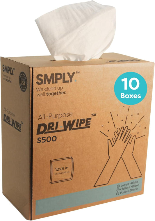 Dri-Wipe S500 by SMPLY Brands – All-Purpose Disposable Wipes, 10 Boxes of 176 (1,760 Total Wipes), Strong Alternative to Shop Towels & Paper Towels, 8" x 12" Center-Pull Sheets
