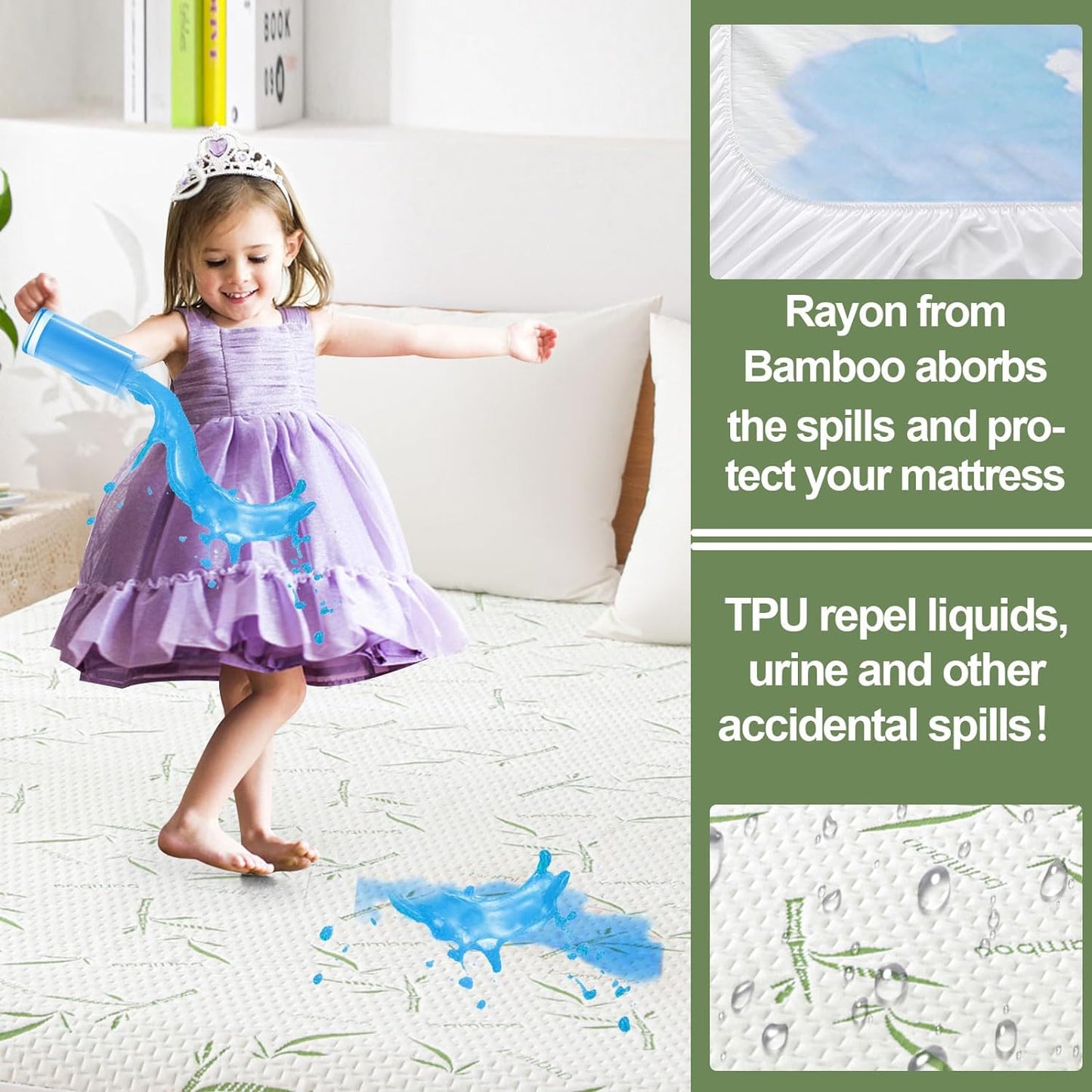 Full Size Mattress Protector Waterproof Mattress Pad Washable Bamboo Rayon Mattress Cover Breathable Noiseless Bed Protector 5" - 21'' Elastic Fitted Deep Pocket