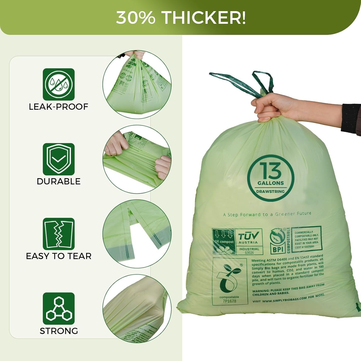 13 Gallon Compostable Trash Bags with Drawstring, Heavy Duty Extra Thick 1 Mil, 49.21 Liter, 30 Bags, Tall Kitchen Food Scrap Waste Bag, ASTM D6400, US BPI and OK Compost Home Certified