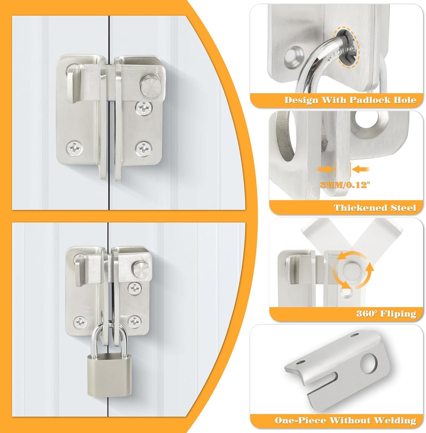 Alise Flip Latch,Gate Latches Slide Bolt Latch Safety Door Lock Catch for Barn Cabinet Pet Cage Fence Bathroom Garage Window,Heavy Duty Stainless Steel Gate Hardware Locks,Brushed Nickel MS3006R-LS