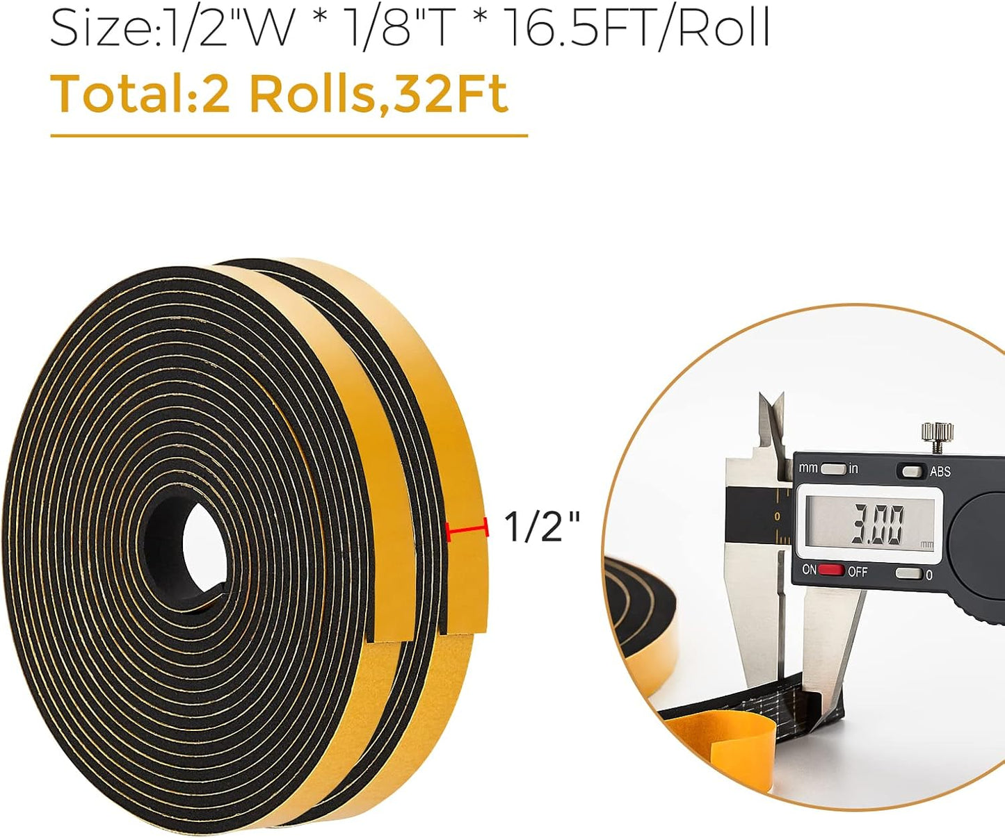 32 Feet Weather Stripping Door Seal, 1/2" Wide X 1/8" Thick Door Seal Strip High Density Foam Tape Adhesive Strip for Door Soundproofing,Window Insulation (1/2" x 1/8" x 32FT,Black)
