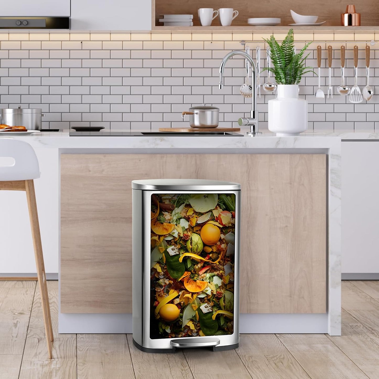 8 Gal Kitchen Trash Can, 30L Recycling or Garbage Bin, Brushed Stainless Steel Waste Basket, Soft&Quiet Close Dustbin, with Step-On Pedal, Removable Inner Bucket, for Home, Office, LIving Room