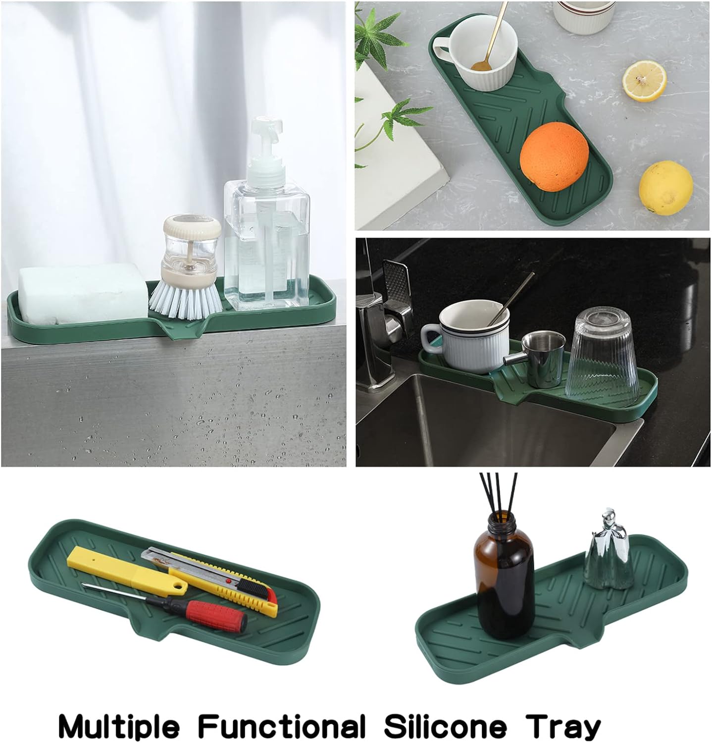 Silicone Bathroom Soap Dishes with Drain Spout-Bathroom and Kitchen Sink Organizer,Sponge Holder,Dish Soap Tray,Perfect for Dispenser,Scrubber,Bottle,Cup on Sink or Counter-Green 12"×4"