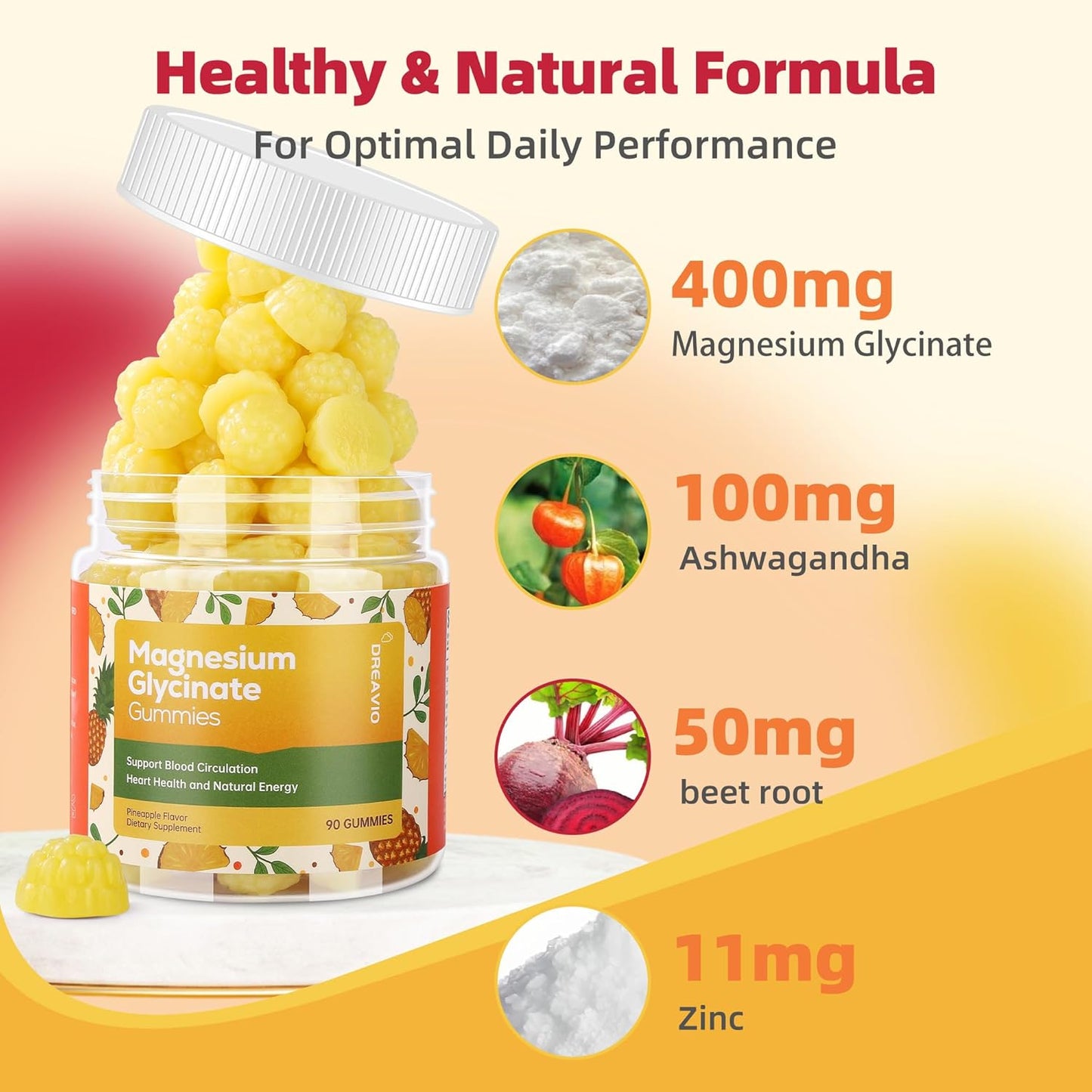 90 Count Magnesium Glycinate Gummies 400mg w/Ashwagandha Supplement - Sugar Free Zinc Magnesium Glycinate Supplement Ashwagandha Gummies for Adults Pineapple Flavor