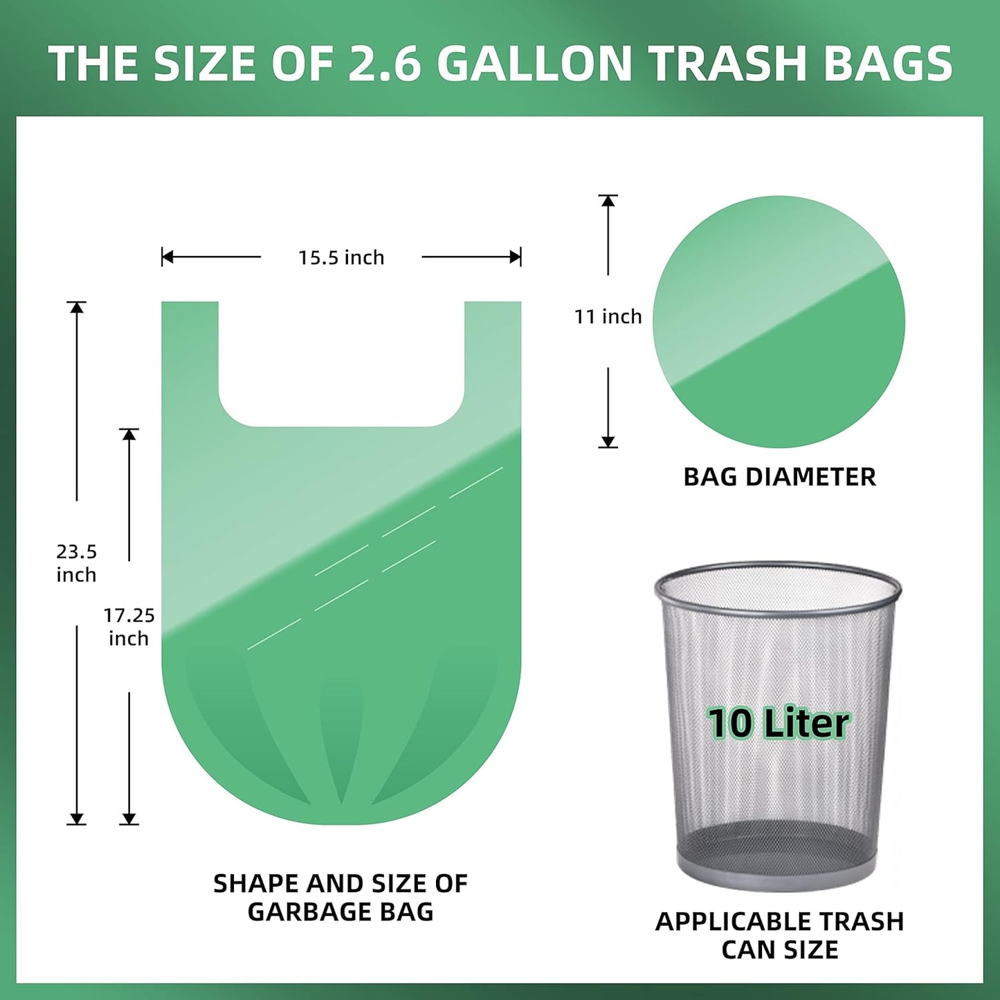 2.6 Gallon Trash Bag 150 Count, Unscented Strong Handle Tie Garbage Bags Fit 10 Litter Trash Can, Three Colors for Kitchen, Bathroom, Bedroom, Office (Green, White, Black)