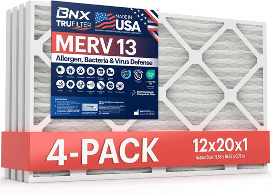 BNX TruFilter 12x20x1 Air Filter MERV 13 4-Pack) - MADE IN USA - Electrostatic Pleated Air Conditioner HVAC AC Furnace Filters for Allergies, Pollen, Mold, Bacteria, Smoke, Allergen, MPR 1900 FPR 10