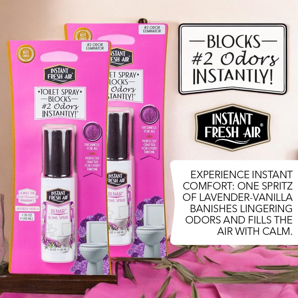 2-Pack: Superior Toilet Spray with Instant Odor Elimination, Lavender Vanilla Fragrance, Odor Eliminator Bathroom Spray, Travel Size, Long-Lasting, Eco-Friendly, 1.35 Oz. - INSTANT FRESH AIR