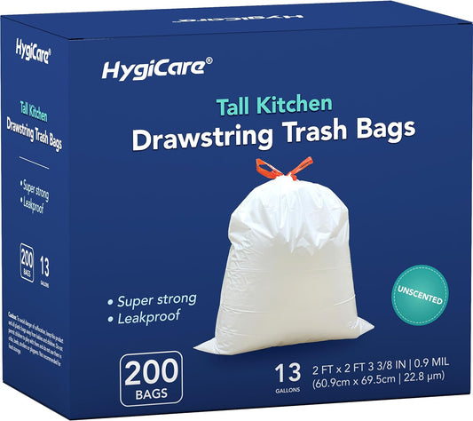 13 Gallon Tall Kichen Trash Bags, Unscented 200 Count Drawstring Garbage Bags, Pre-Separated, Ultra Strong, Leakproof, Sturdy, White