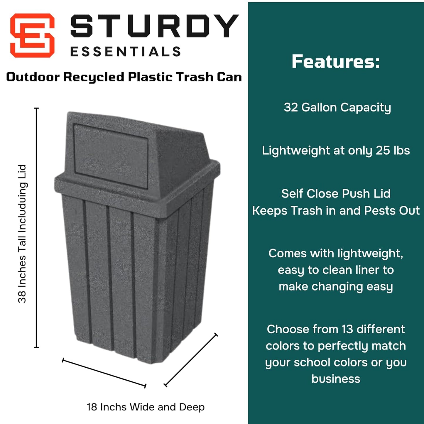 32 Gallon Square Slatted 100% Recycled Plastic Heavy-Duty Commercial Outdoor or Indoor Trash Can with Push Top Lid | Great for Schools and Businesses - Dark Granite