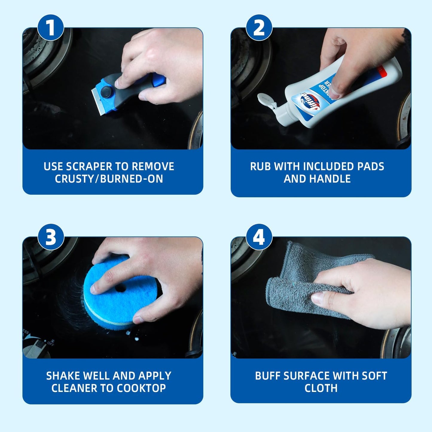 Glass Cooktop Cleaner Kit & Polish - 10 oz Stove Top Cleaner with Scrubbing Pad, Scraper & Microfiber Cloth - Removes Burnt-On Food, Tough Stains, No Scratches, Streak-Free Shine