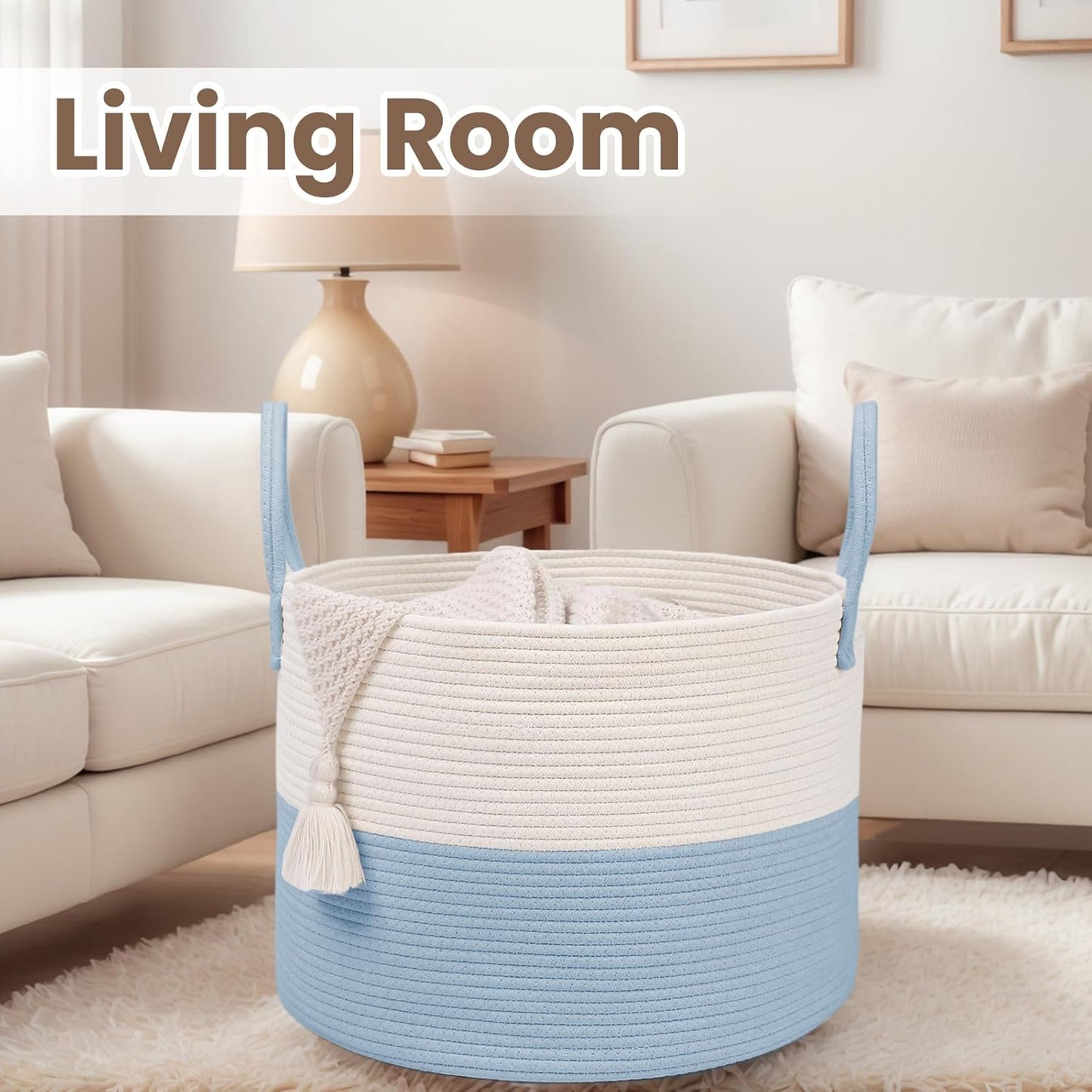 Woven Blanket Basket,115L Large Rope Storage Bin with Handles, Organizer for Blankets Toys Book and Clothes, Laundry Basket for Living Room Bedroom Nursery,White&Blue