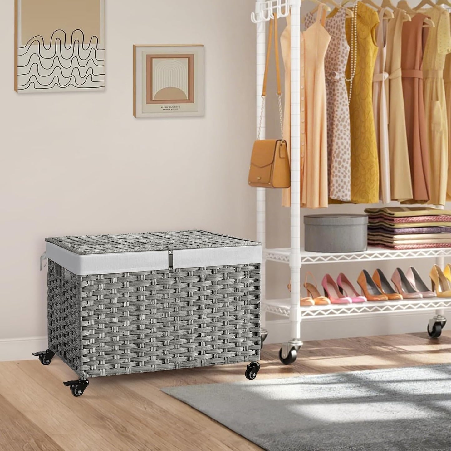 Rolling Storage Basket with Lid, 47.6 Gallon (180L) Storage Bin with Wheels, Woven Rattan Blanket Storage Basket with Handles, Foldable, Metal Frame, Removable Liner for Bedroom, Laundry Room, Grey