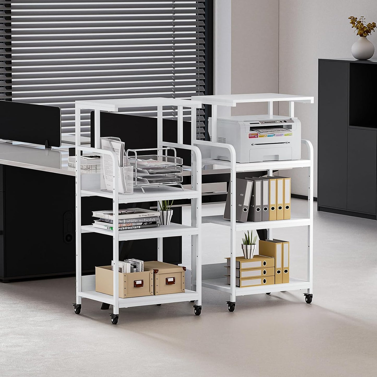 4 Tier White Printer Stand with Storage Shelf, Large Tall Printer Table for Home Office, Rolling Printer Cart with Industrial Wheels for Paper Shredder Scanner Fax Heat Press Small Space (White)