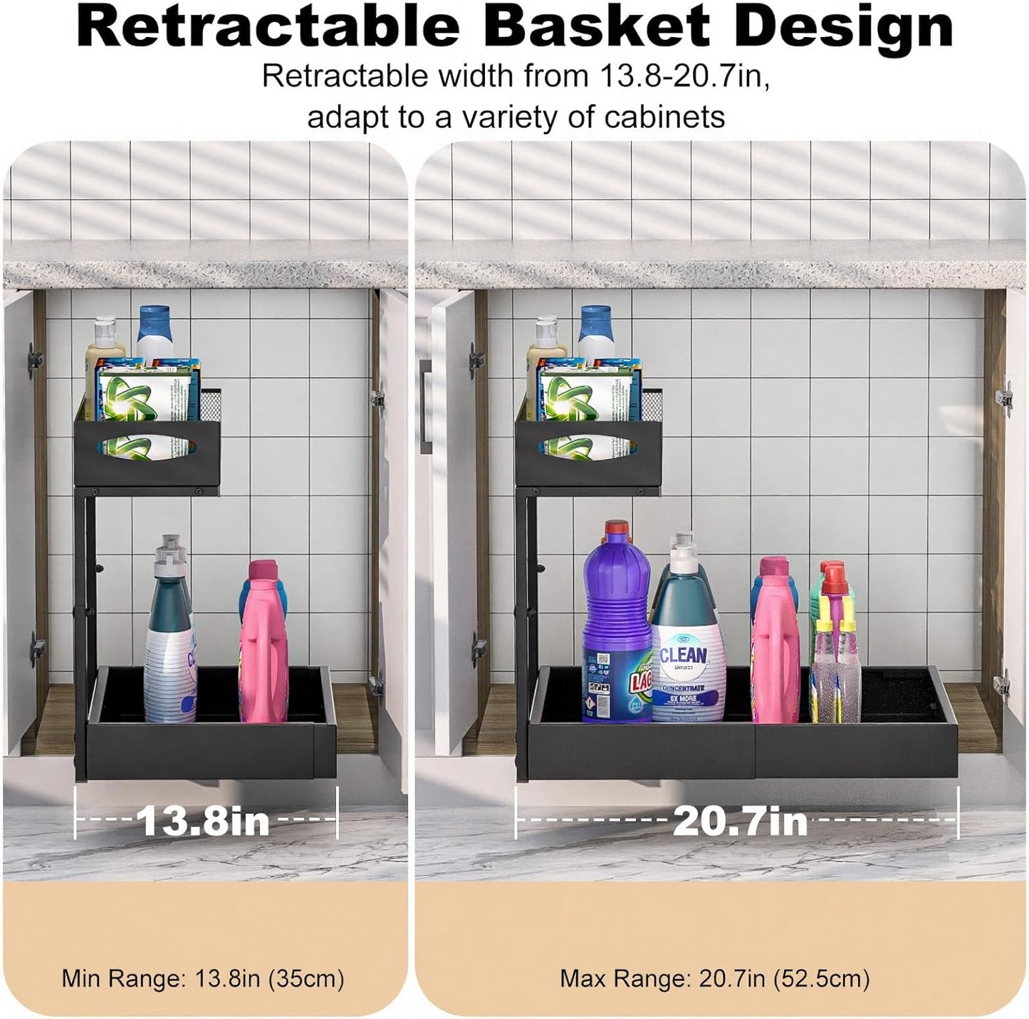 Housolution Under Sink Organizer, 13"-20" Width Expandable, 13"-17" Height Adjustable, 2 Tier Metal Pull Out Under Sink Storage Rack with 3 Sliding Rails for Kitchen Bathroom Cabinet, Single Side