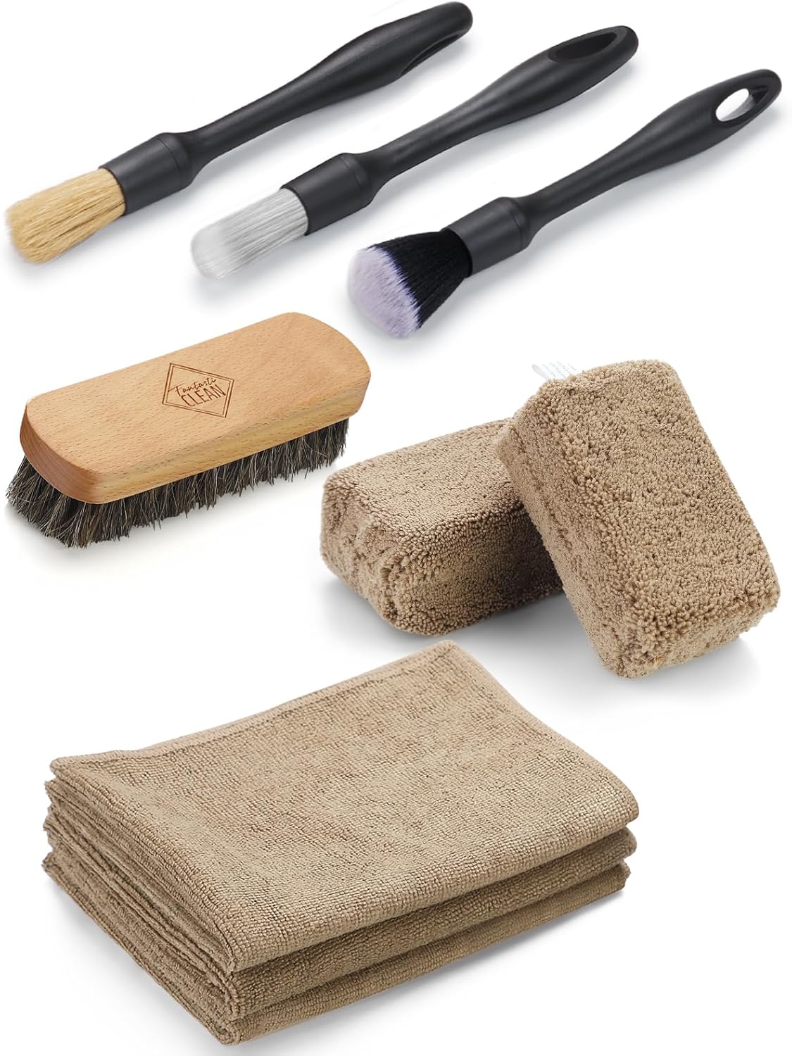 Fantasticlean 9PCS Car Interior Detailing Set, Microfiber Cloth & Applicator, Single-Head Detailing Brushes, Natural Bristles, Scratch-Free & Ultra-Soft for Seats Leather Care or Cleaning