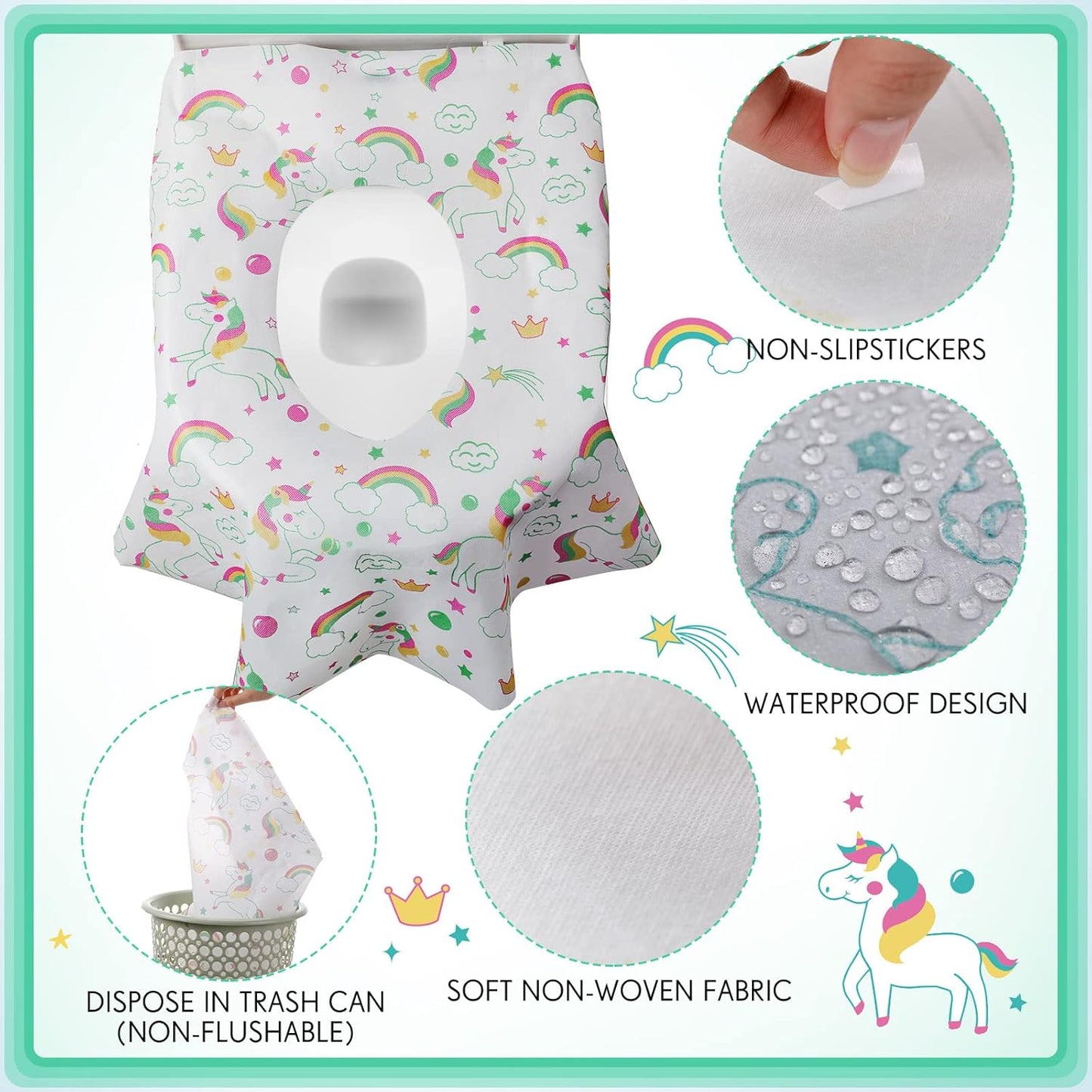 50 Packs Disposable Toilet Seat Covers Extra Large Individually Wrapped for Kids and Adults, Portable Non Slip Waterproof Potty Seat Covers for Toddlers Potty Training, Travel (Unicorn)