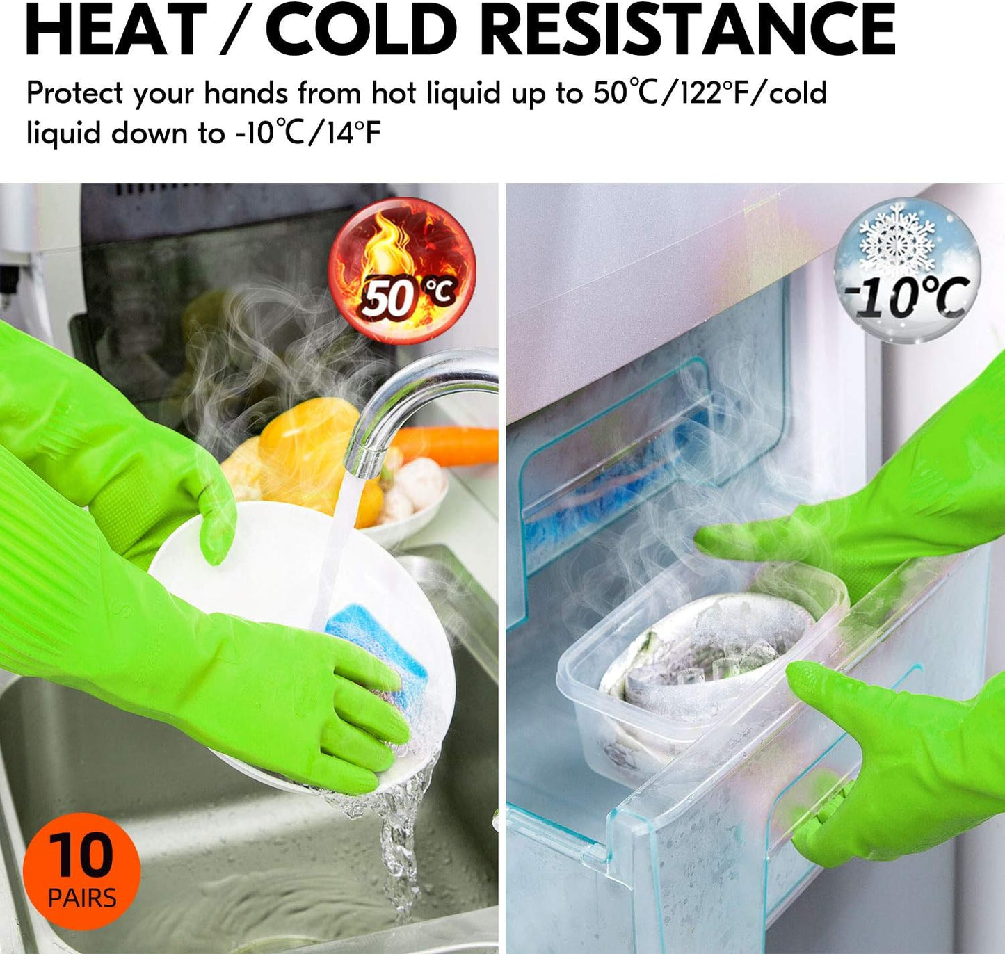 Vgo... 10-Pairs Dishwashing Gloves, Reusable Household Gloves, Kitchen Gloves, Long Sleeve, Thick Latex, Cleaning, Washing, Working, Painting, Gardening, Pet Care (Size M,Green, RB2143)