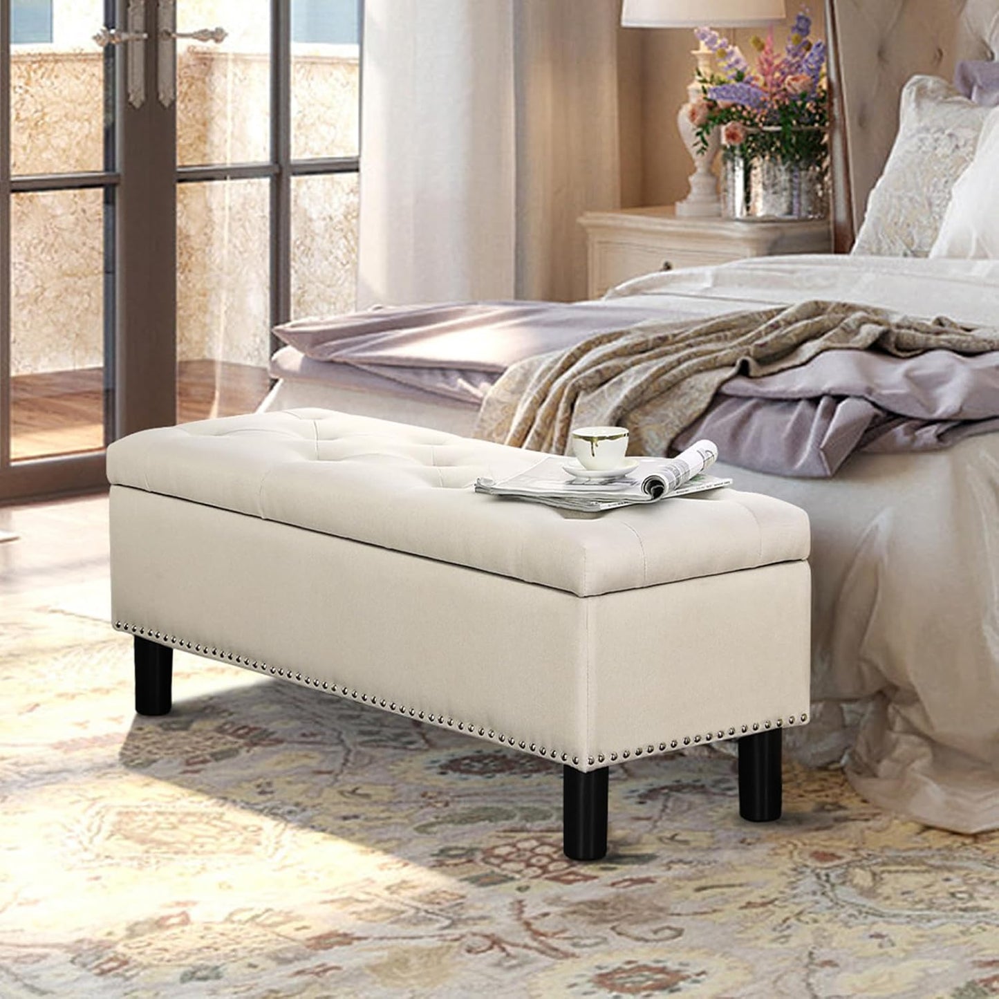 Furnimart 42.5 Inch Storage Ottoman Bench, Flip Top End of Bed Storage Bench, Upholstered Blanket Bench for Bedroom, Entryway, Living Room, Tufted Linen (Beige)