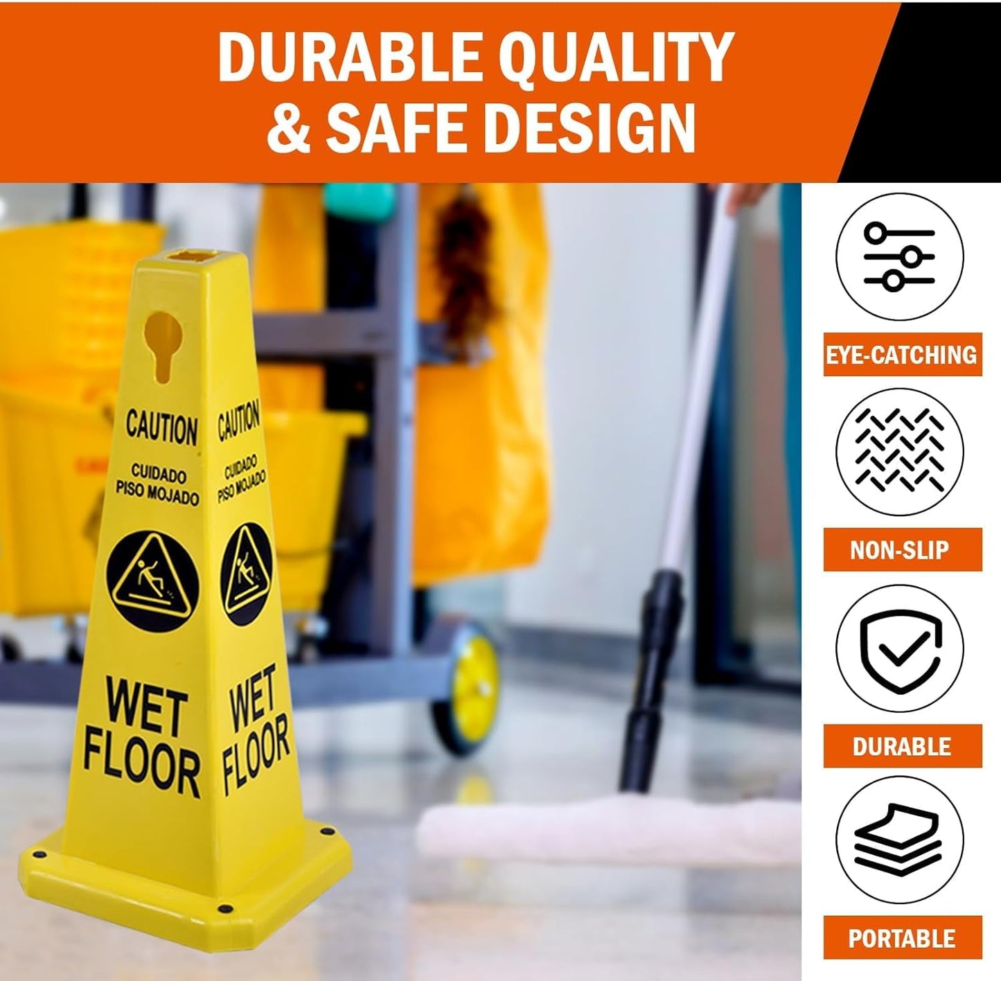 4-Pack 26.5" Caution Cones, 4-Sided Visible Safety Signs with Heavy Rubber Base, Warning for Slip & Fall Prevention, Indoor/Outdoor Use (Yellow, 4Pcs-Caution Wet Floor)