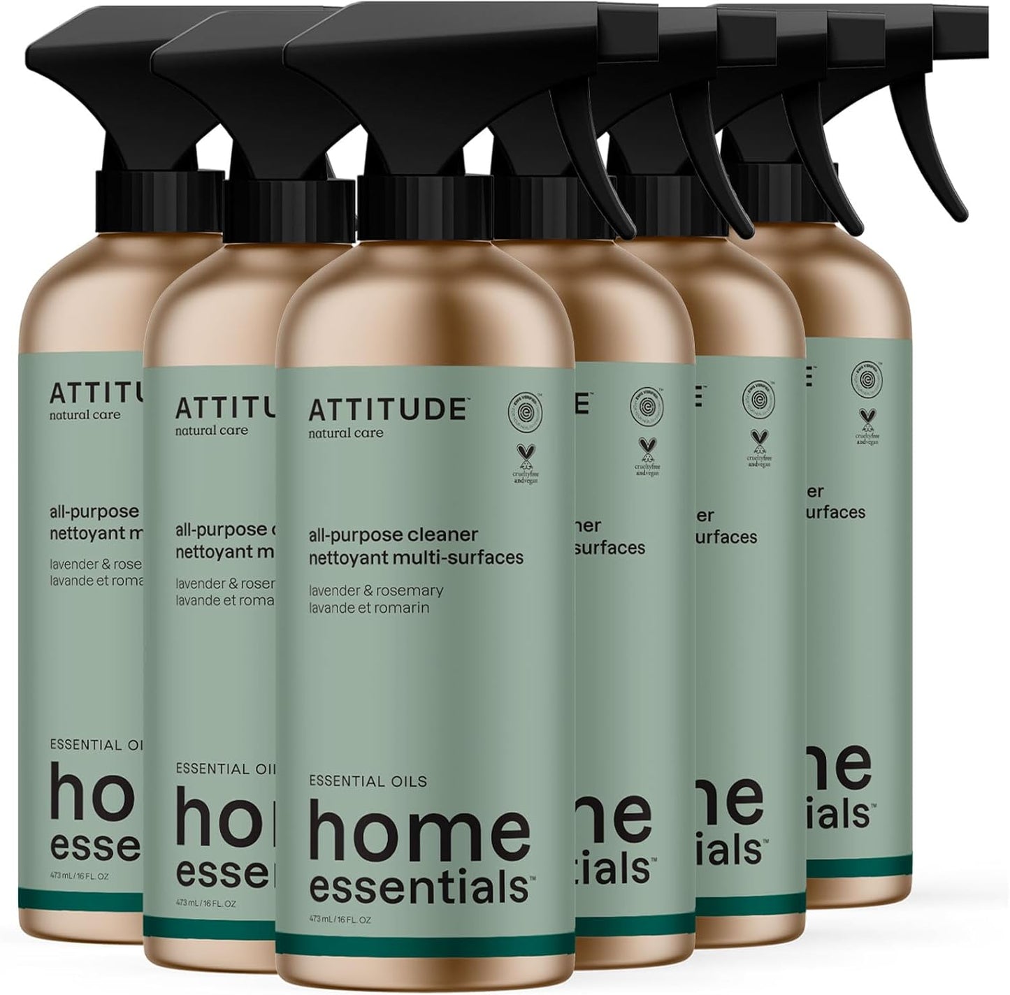 ATTITUDE Multi-Purpose Cleaner with Essential Oils, EWG Verified, Plant and Mineral-Based Ingredients, Vegan Household Products, Refillable Aluminum Bottle, Lavender and Rosemary, 16 Fl Oz (Pack of 6)