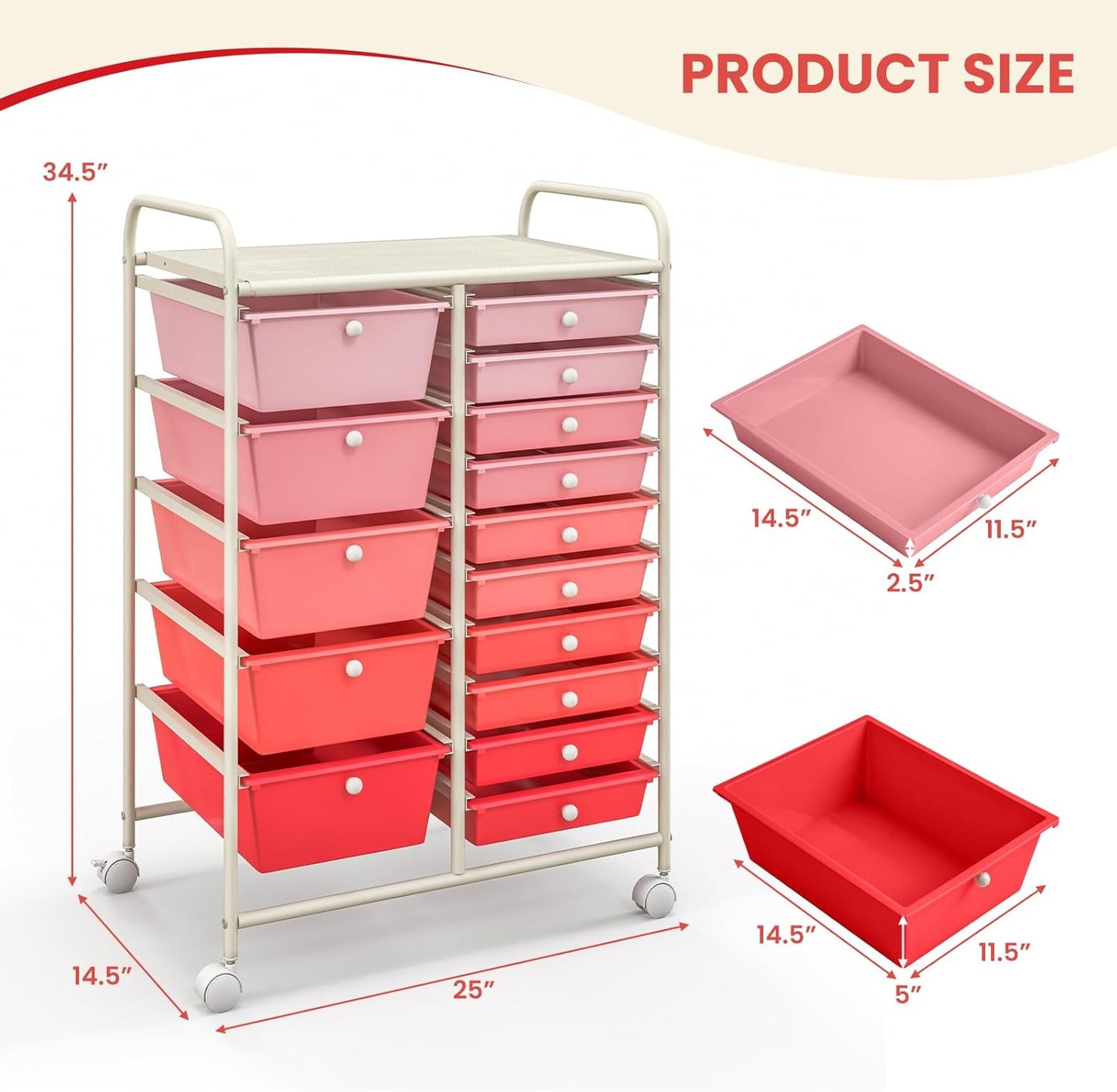 GOFLAME 15-Drawer Rolling Storage Cart, Multipurpose Movable Organizer Cart, Utility Cart for Home, Office, School, Pink