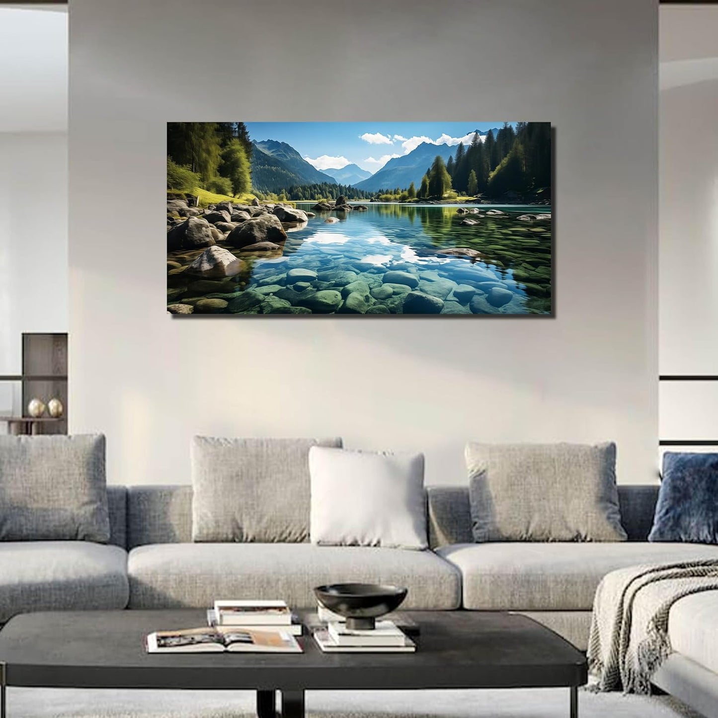 GUGIKA Landscape Wall Art for Living Room, Mountain and Lake Wall-Decor for Bedroom, Natural Scenery Canvas Prints Pictures for Hallway Office, Size 48 x 24 Inches