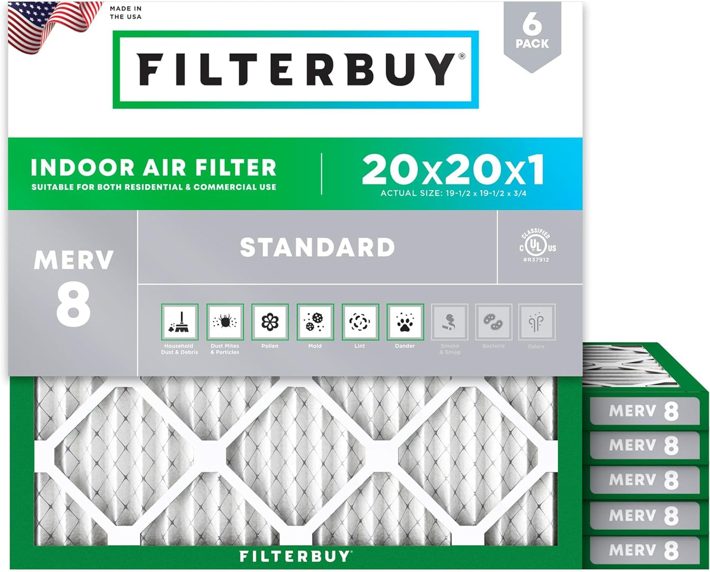 Filterbuy 20x20x1 Air Filter MERV 8 (MPR 700) Dust Defense Replacement (6-Pack), Electrostatic Pleated HVAC AC Furnace Filters, Made in USA (Actual Size: 19.50 x 19.50 x 0.75)