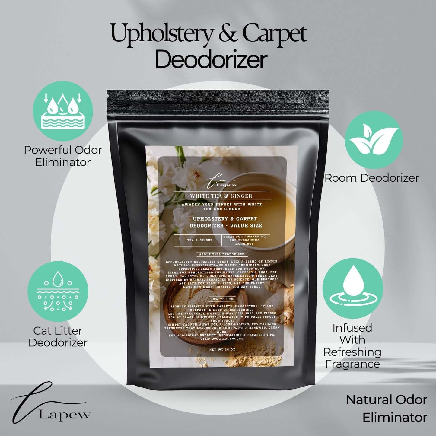 White Tea & Ginger Carpet Freshener Powder Refill 36 oz | Powerful Odor Eliminator for Home | Upholstery Deodorizer | Carpet Deodorizer | Pet Urine | Cat Litter Box